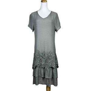 Hekka Dress Size Large Tiered Ruffle Hem With Lace Short Sleeves Green